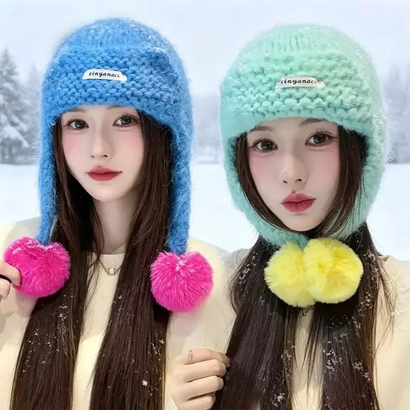 Colorful Block Earflap Hat Dopamine Knitted Lei Feng Hat Women Girl Winter Warm Beanie Windproof Cap Outdoors Cycling Fleece Cap