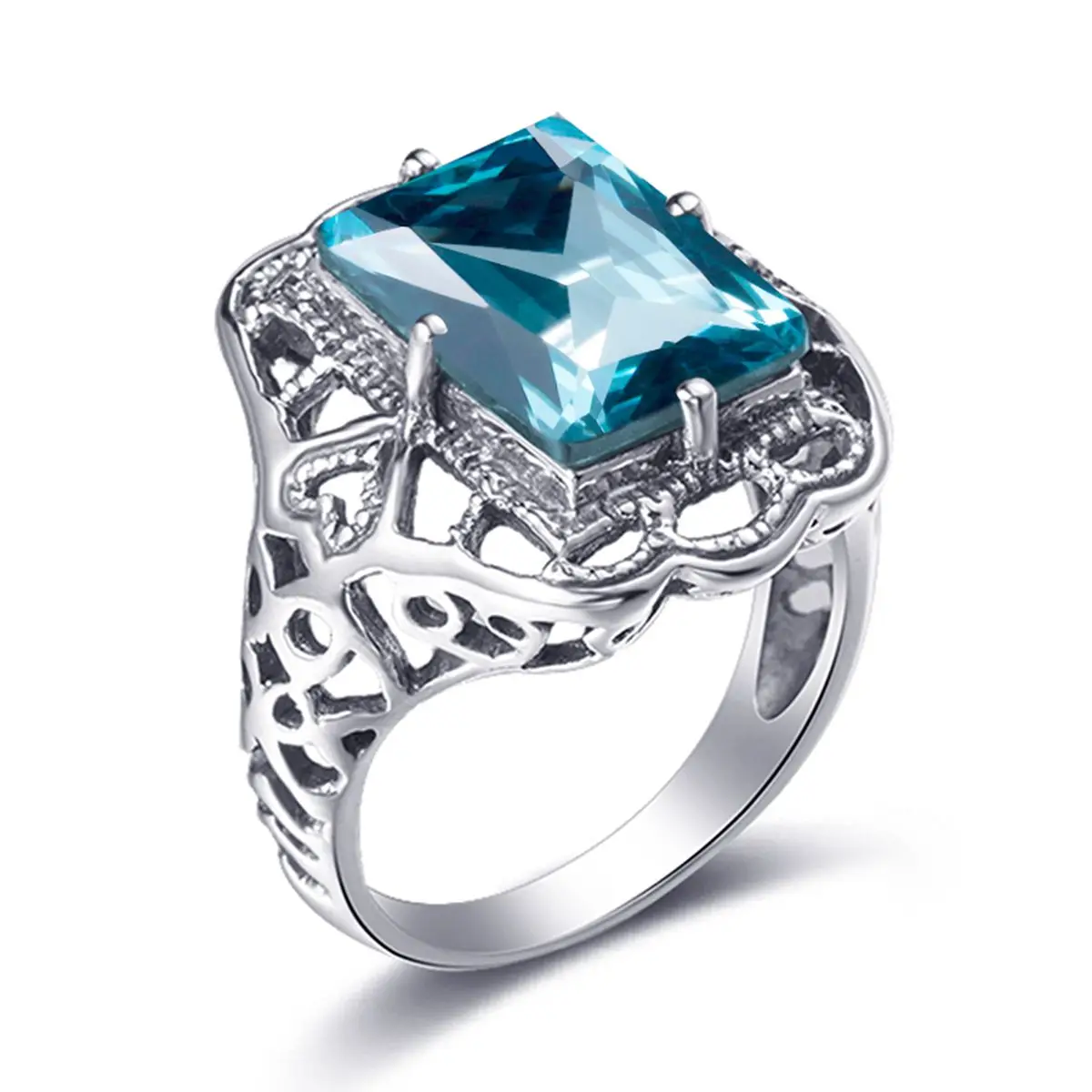 

Solid 925 Sterling Silver Blue Gemstone Rings Vintage Aquamarine Cocktail Party Ring Birthstone Filigree Pattern Fine Jewelry