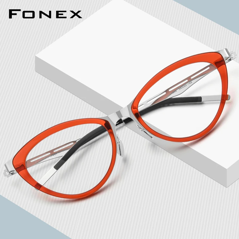 FONEX Acetate Alloy Glasses Frame Women Fashion Brand Design Cat Eye Eyeglasses Cateye Screwless Germany Japanese Eyewear 1008