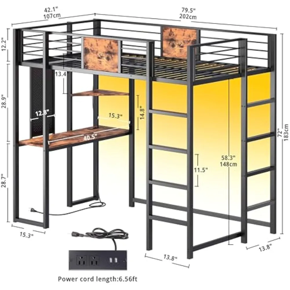 Letto a soppalco doppio in metallo con scrivania e ripiani per adolescenti adulti, struttura letto a soppalco con 2 scale integrate, presa di corrente e illuminazione a LED