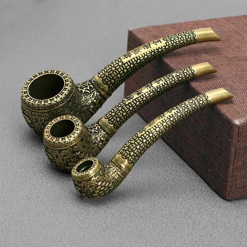 Miniaturas de tubería de cobre puro Retro, pistola de fumar de latón tallado chino antiguo, adornos artesanales para decoración de escritorio de oficina y hogar de tabaco