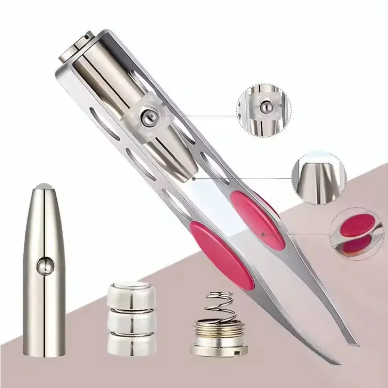 Clip para recortar cejas, ciruela pasa para depilación de ojos, abrazadera para pestañas postizas, 1 LED, acero inoxidable, punta oblicua, herramienta de maquillaje