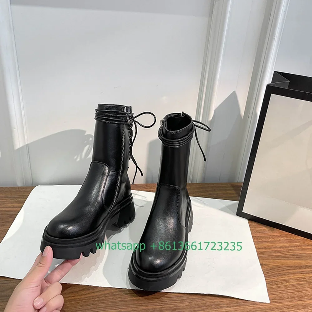 

Black Genuine Leather Lace Up Boots Round Toe Platform Ankle Boots Side Zipper Flat Women Fashion Shoes 2025 New boots