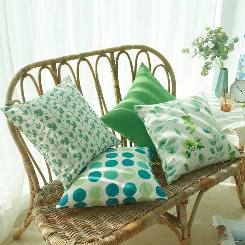 Double-Sided Waterproof Printed Pillow Green Leaf Dots Home Sofa Backed Pillow for Napping Cozy Square Pillow with PP Cotton