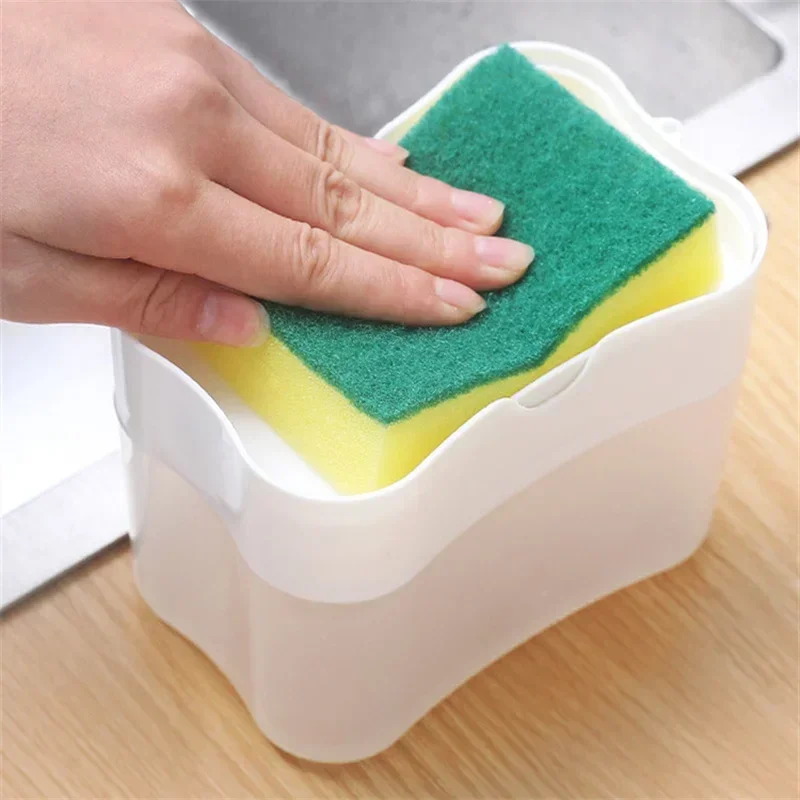 Juego de dispensador de detergente portátil para cocina, caja de jabón con soporte para esponja, herramientas dispensadoras de líquidos con prensa manual