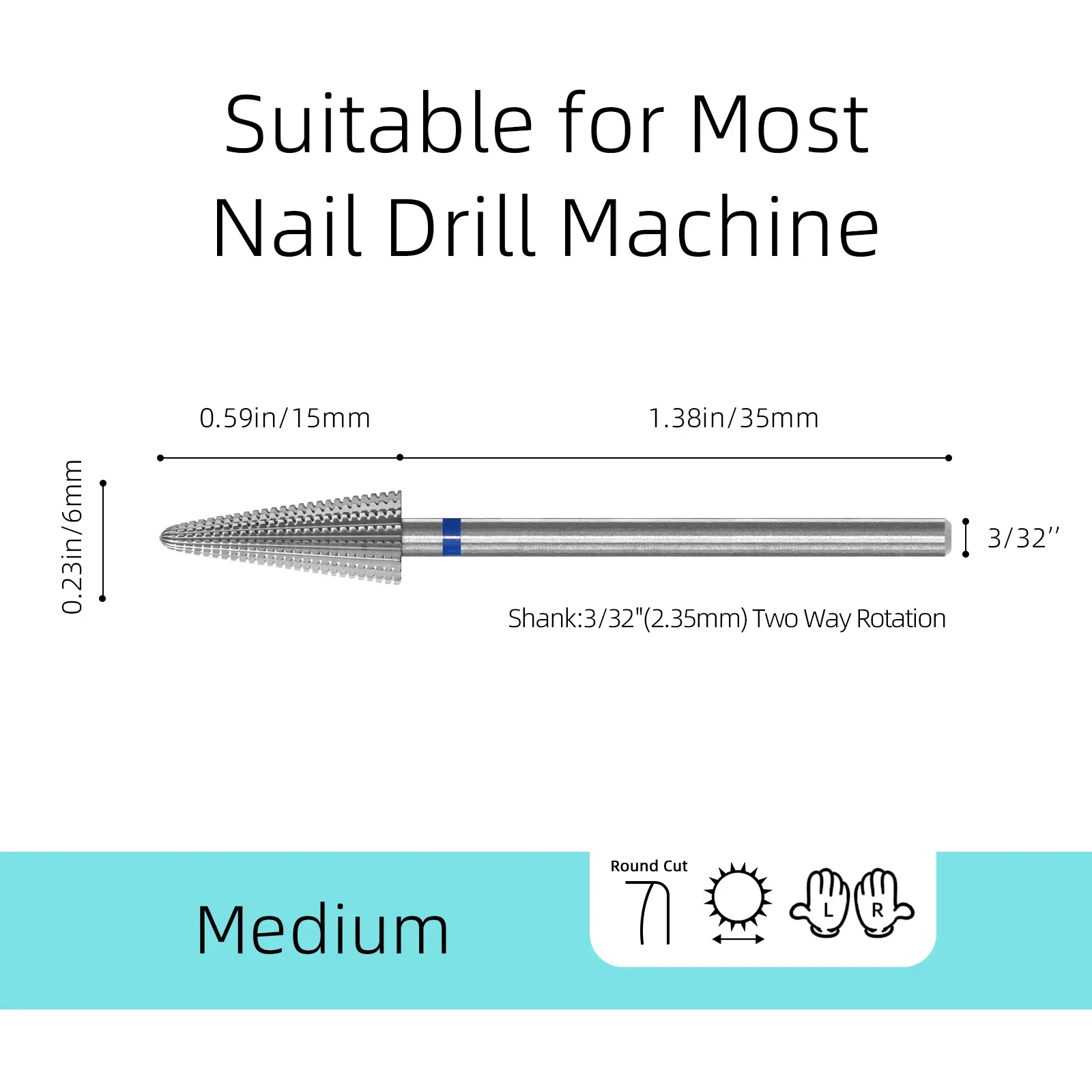 HYTOOS Straight Cut Tungsten Carbide Cone Nail Drill Bits 2 Way Rotation for Acrylic Gel Removal Manicure Pedicure Salon Tool