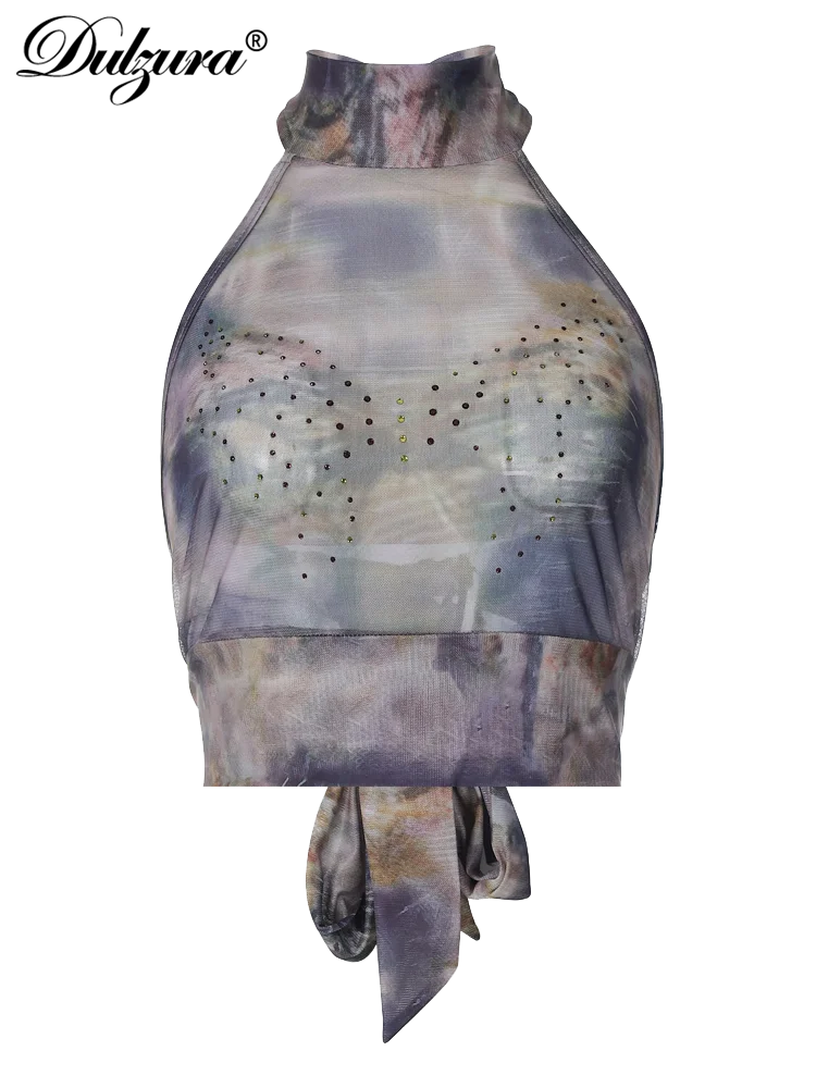 Dulzura Print Halter Backless Crop Top Vest Sparkly Crystal Rhinestone Camisole Tank Top 2023 Summer For Women Sexy Clubwear