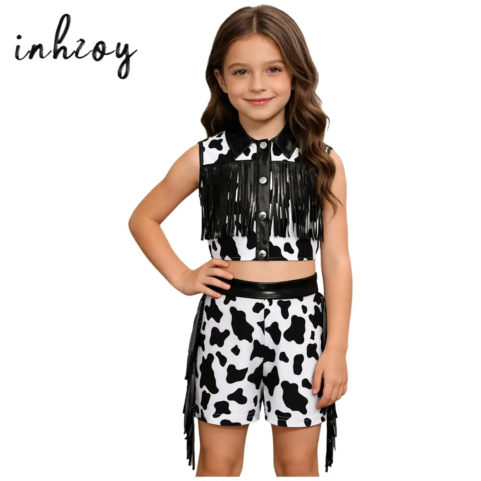 

Детские костюмы пастушки в стиле вестерн с принтом для девочек, лоскутный топ без рукавов с бахромой, жилет + шорты с боковыми кисточками, наряд на Хэллоуин