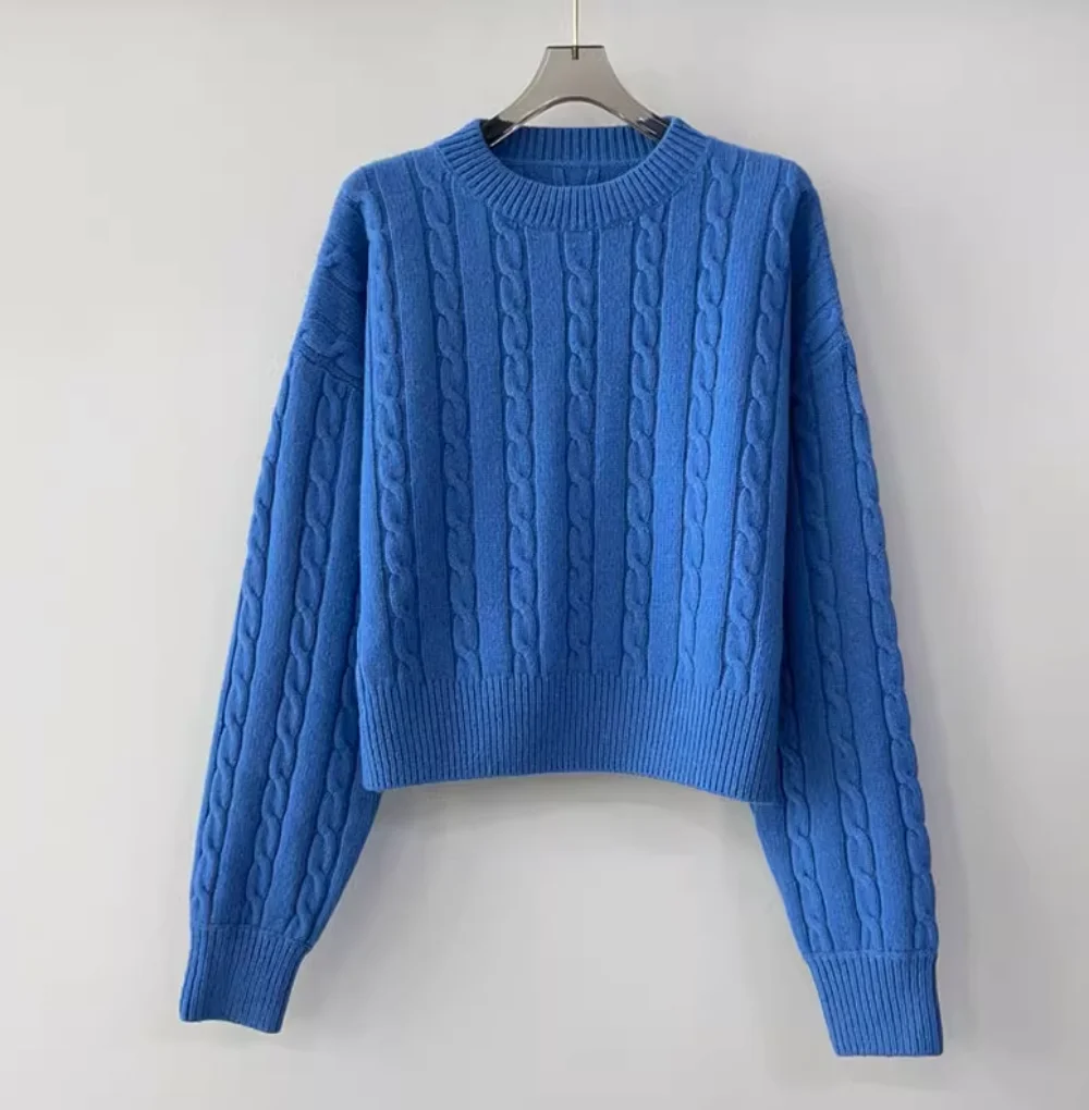 Knitwear winter new round-neck long-sleeved hemp sweater top blue pullover hemp