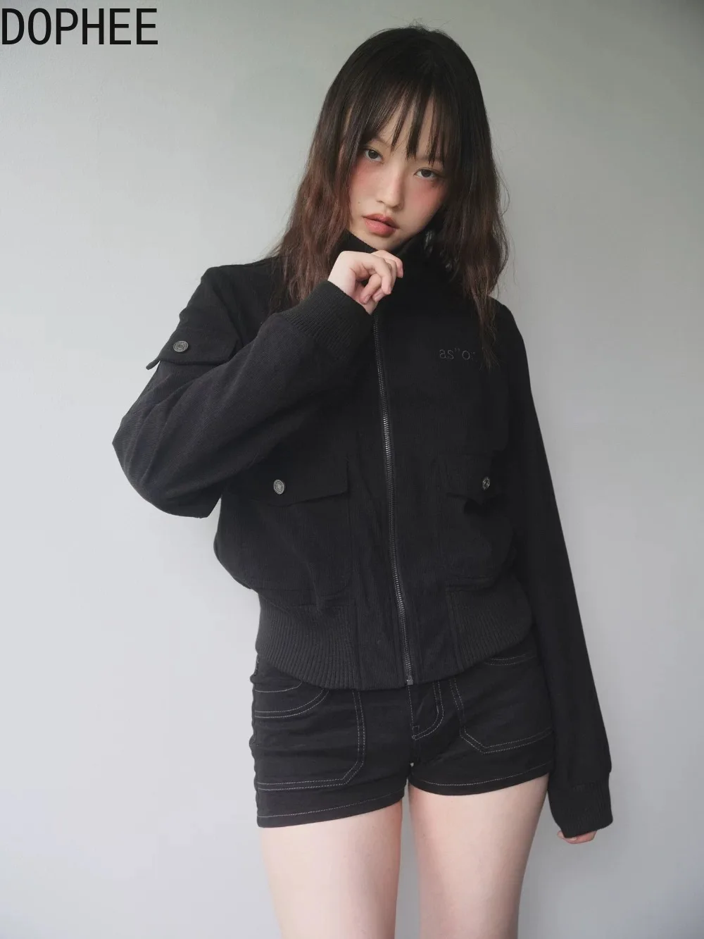 

New Autumn Fashion Lady Stand Collar Overall Jacket Dark Black Letters Embroidery Short Cardigans Coat Corduroy Outerwear Women