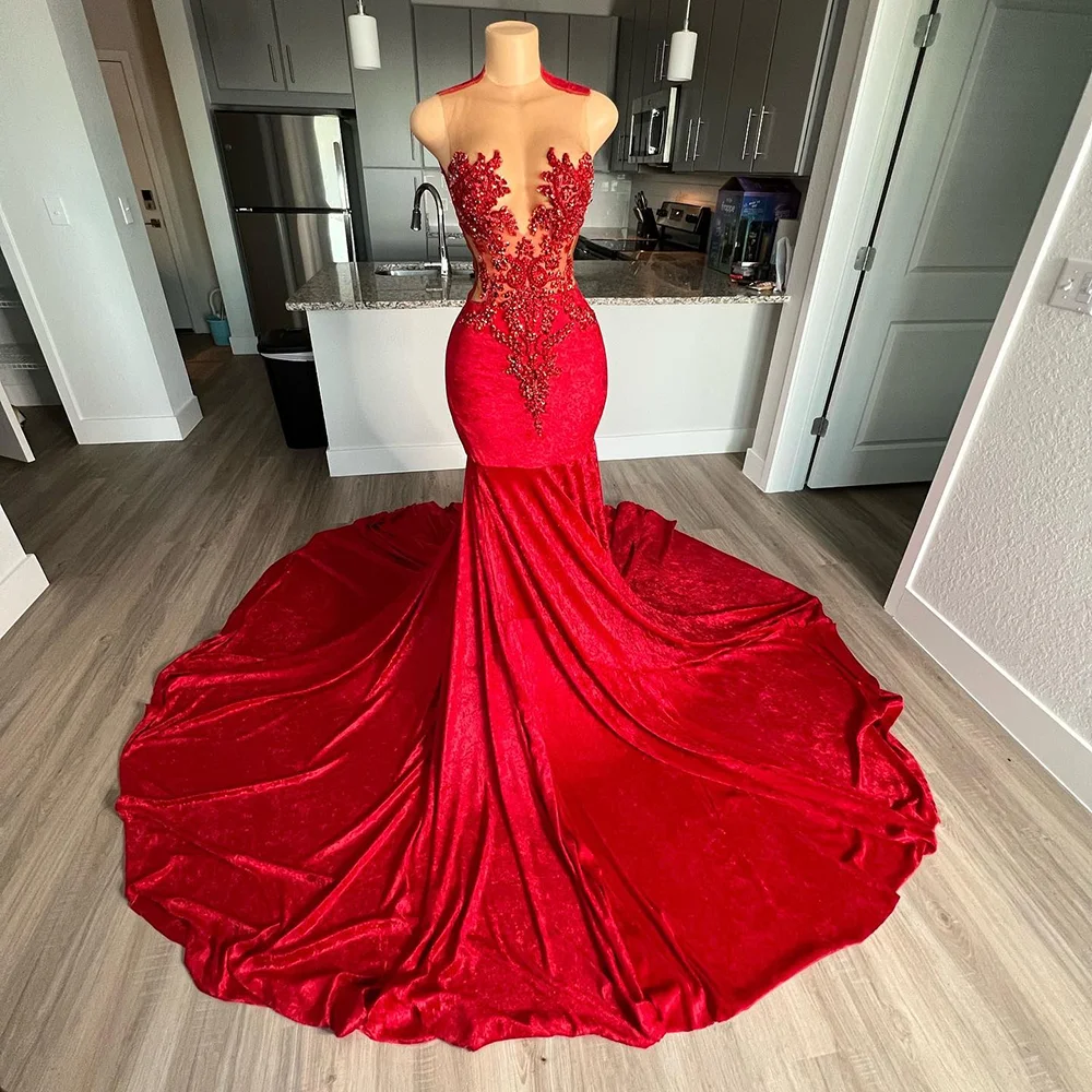 Mermaid Black Girls Velvet Red Beaded Lace Long Prom Dresses 2025 New Elegant Design