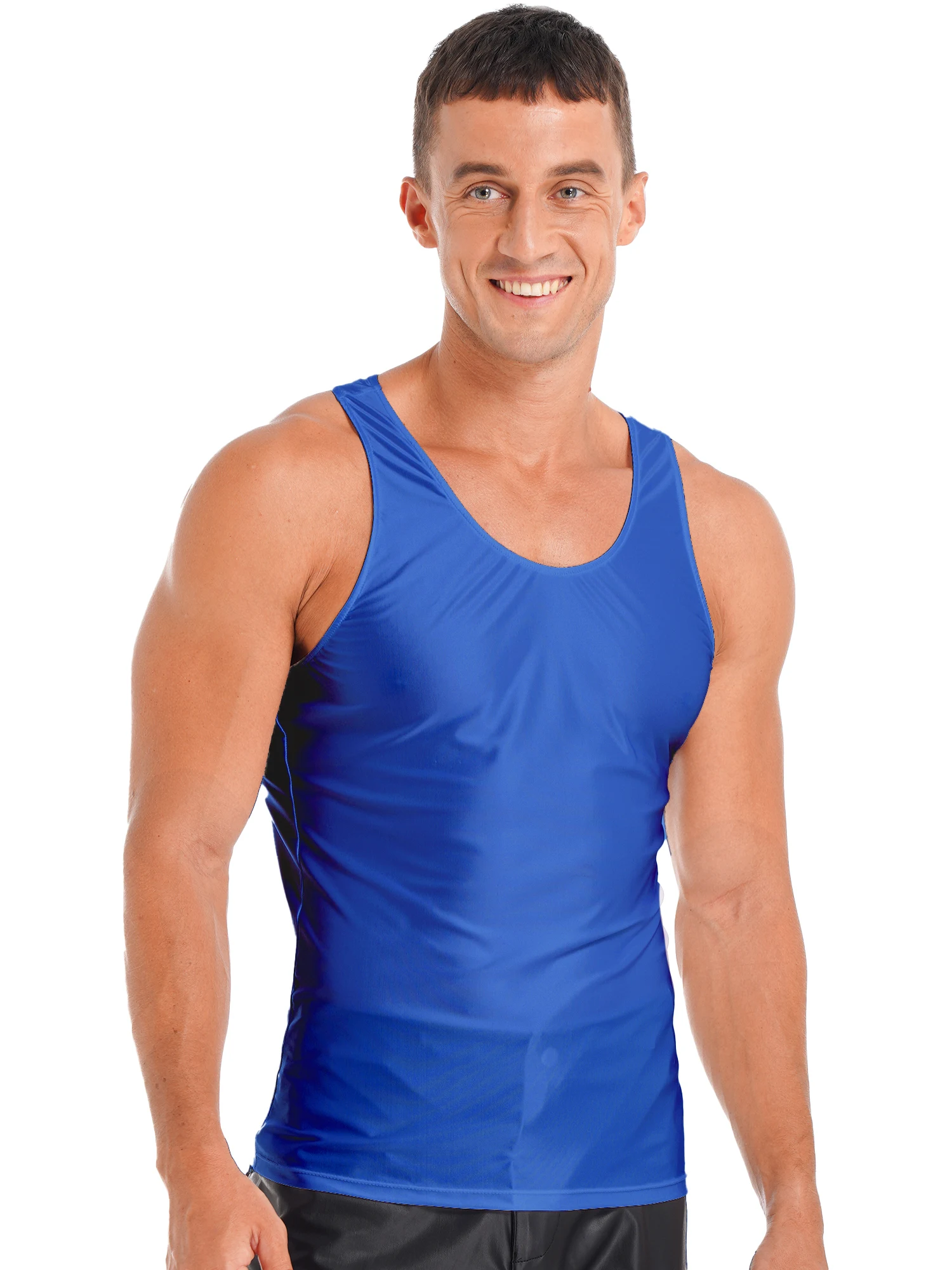 Mens Glossy Sleeveless Tank Tops Satin Shiny Slim Fit Crop Top Vest T-Shirts Fitness Yoga Workout Dance Tops Swimwear Clubwear