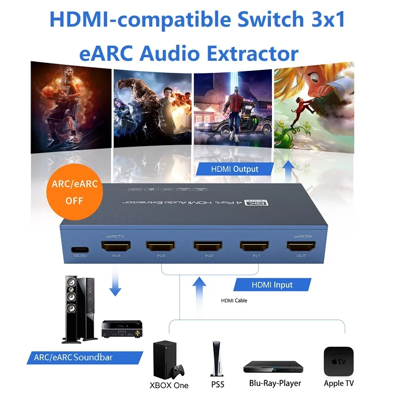 8K@60Hz HDMI-compatible Switch 3x1 eARC Soundar Audio Extractor 48Gbps HLG Dolby Vision Dolby Atmos eARC/ARC TV PCM for PS5 XBOX