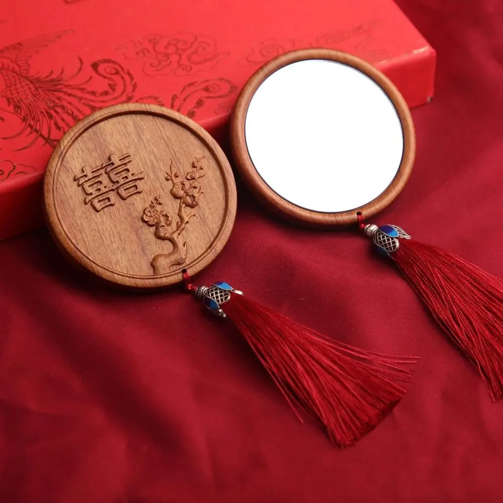 Vintage with Tassels Makeup Mirror Mini Sandalwood Compact Pocket Mirror Chinese Ancient Style Portable Vanity Mirror Travel