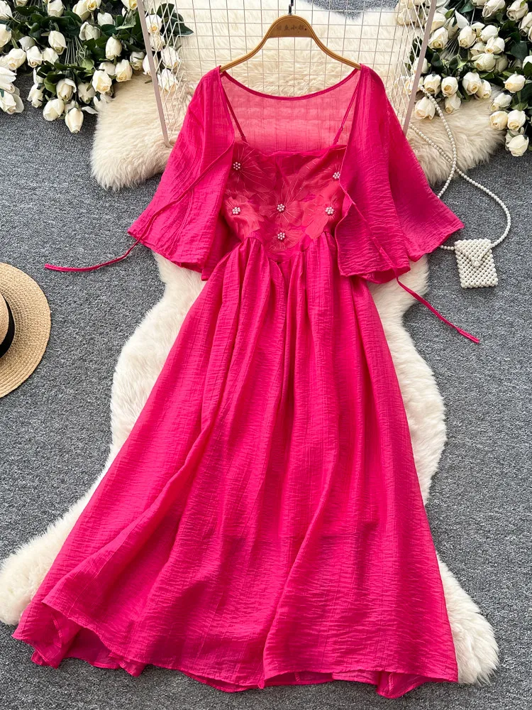 

Women's Vacation Lantern Sleeve Lace Panel Beaded Embellishment Dress Set Summer Slim Fit Waist Cinched Two-Piece Women Set