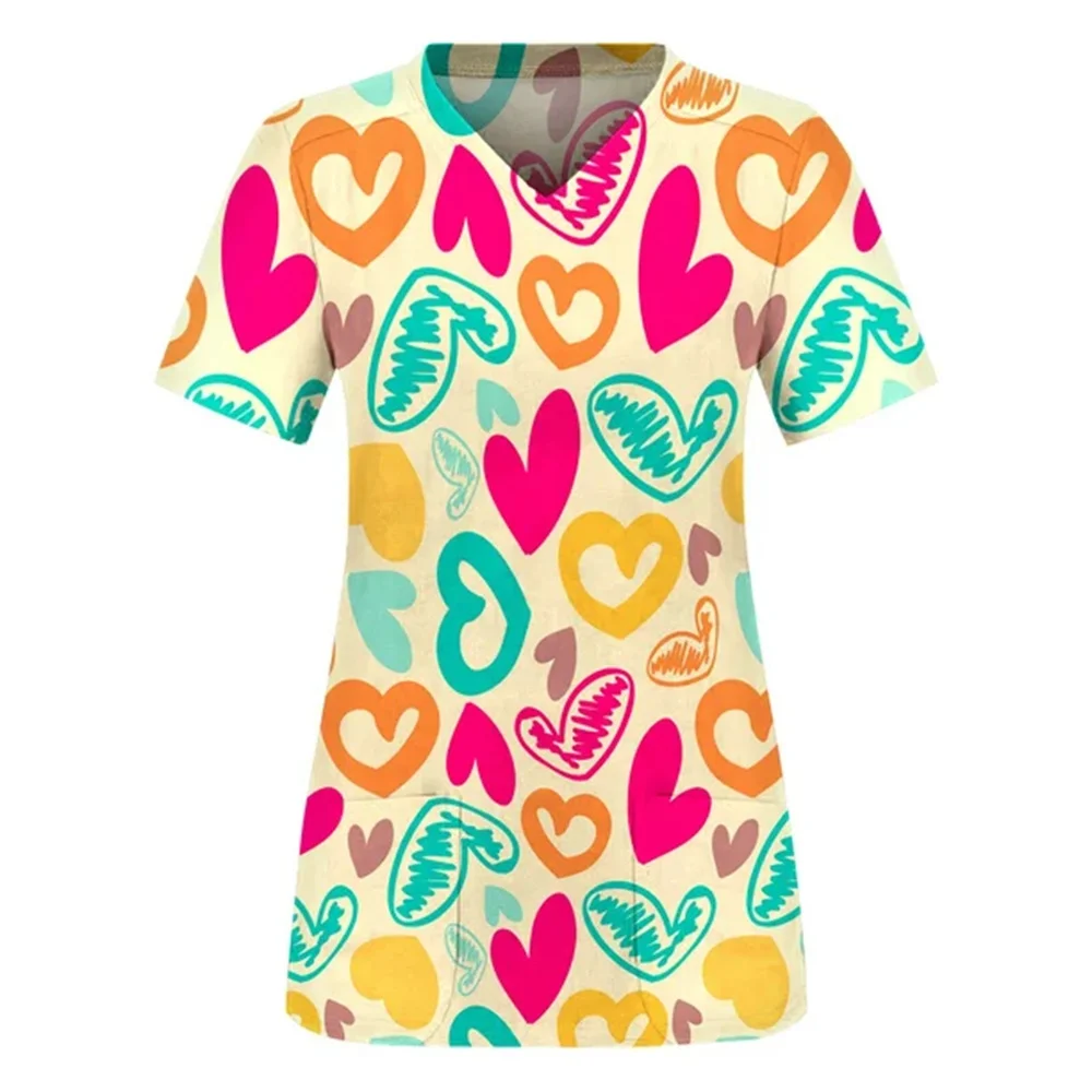 Women's T Shirt V Neck Tops Valentine's Day print Shirt Pocket Women Hospital T Shirt thanksgiving Tops Nurse Uniform T Shirt