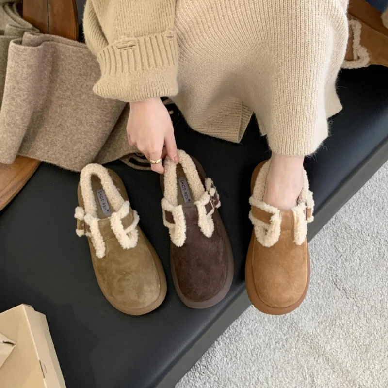 

Туфли из натуральной коровьей замши с большим носком, женская хлопковая обувь, обувь2025, женская уличная обувь на флисовой подкладке