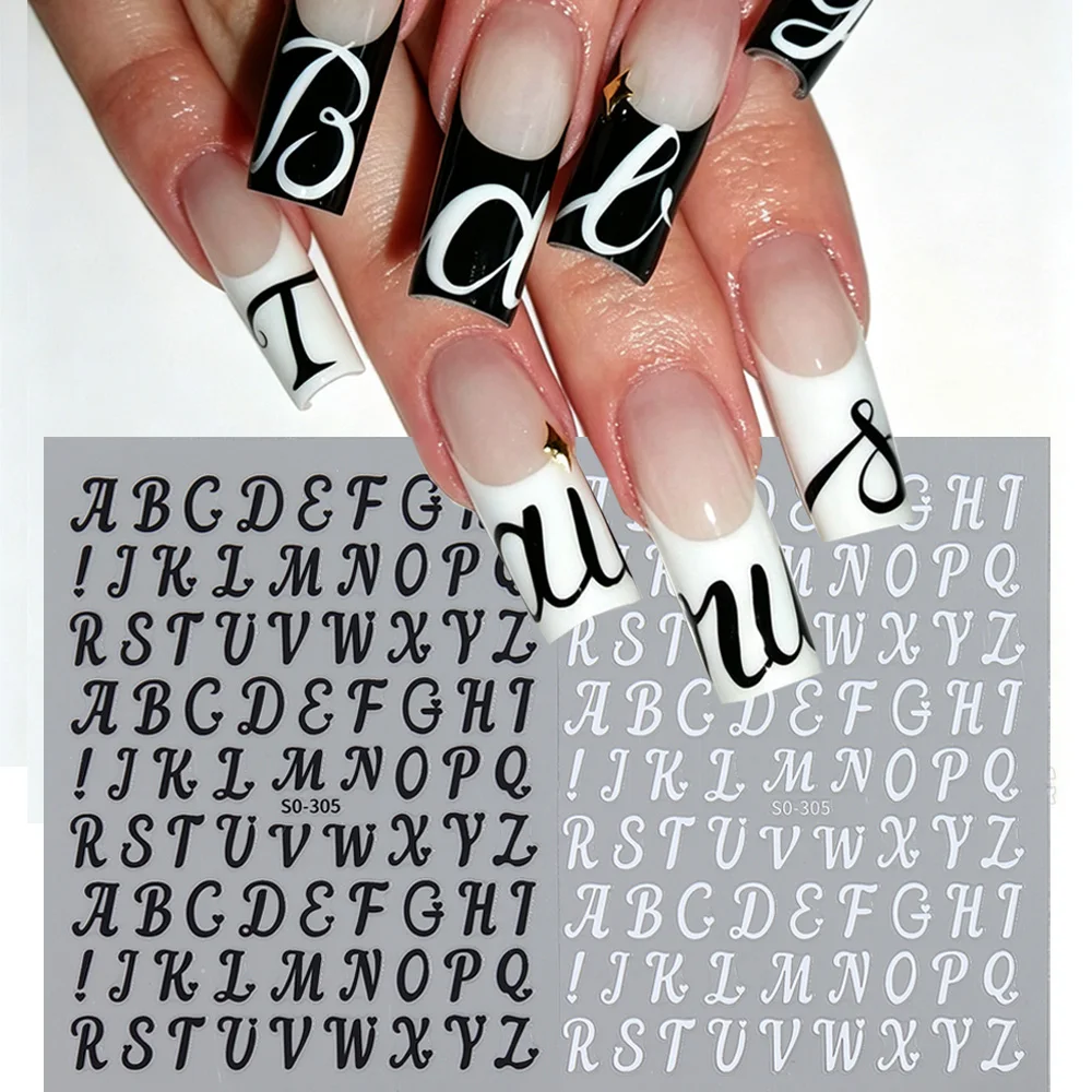 Roman Letter Nail Art Stickers Gothic Golden Black White Old Alphabet Nail Art Decals Self Adhesive English Words Sliders DIY