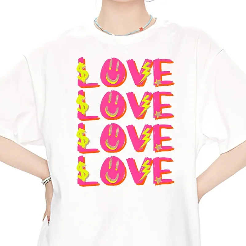 Preppy LOVE pink hearts T Shirt Men Couple Combination Clothes Short Sleeve Collar Fashion Women Cotton