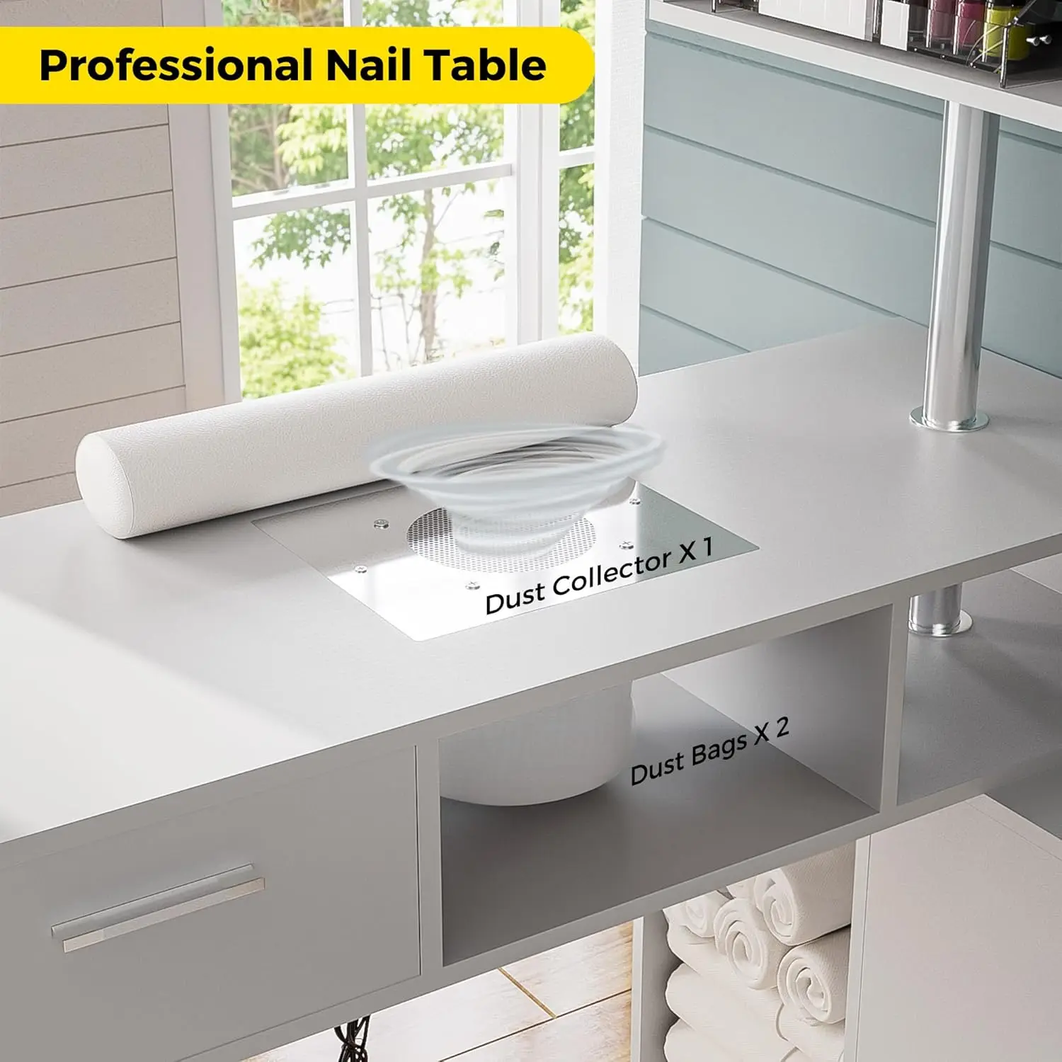 Table Nail Desk with Dust Collector, Nail Tech Desk with Stool, Two-Way Drawer, Cabinet & Storage Shelves, Rot