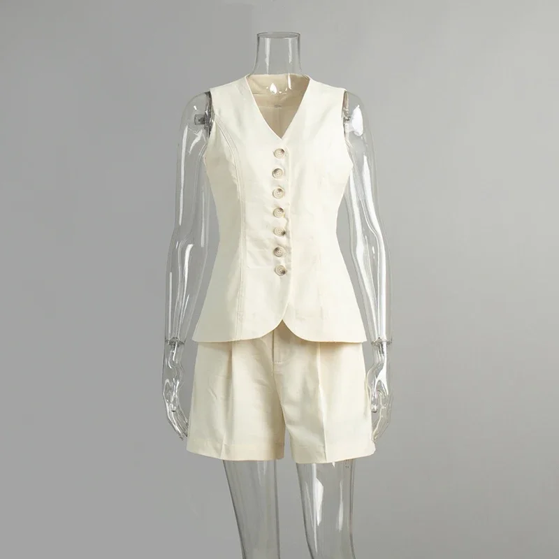 Cotton Linen Vest Shorts Suit 2025 Summer New Commuting Sleeveless Vest Loose Shorts Suit Solid Casual Suit For Women