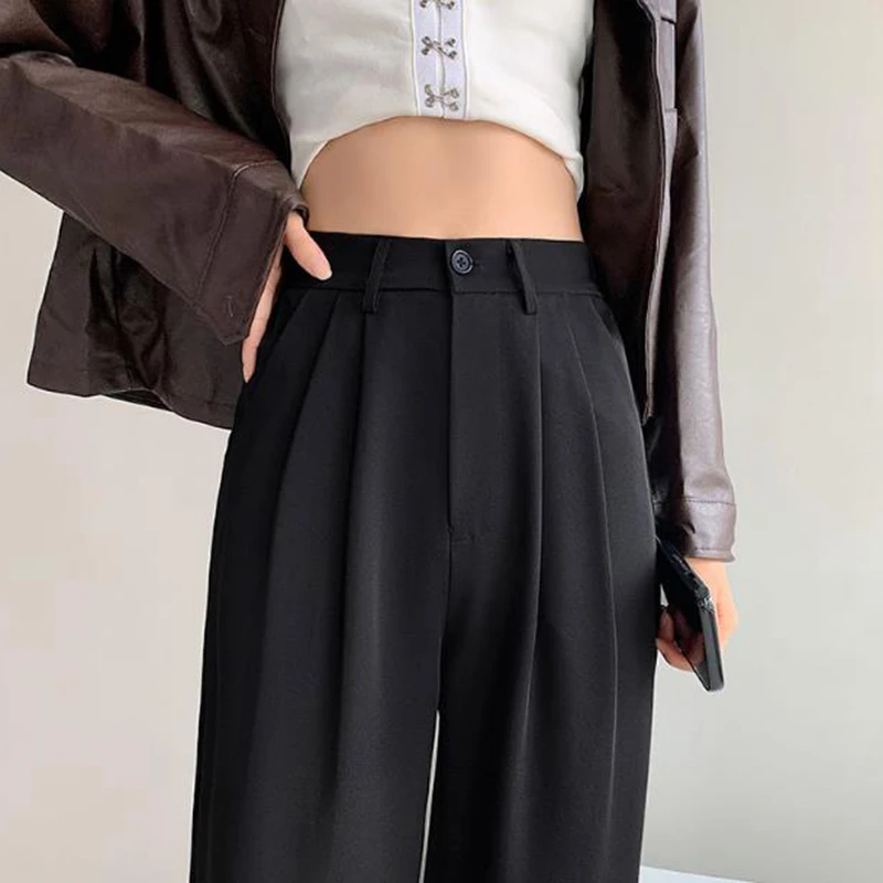 Newest Women's Khaki Suit Pants High Waist Loose Slim Straight Wide Leg Formal Pockets Popular Work Office Fashion Pink Trousers