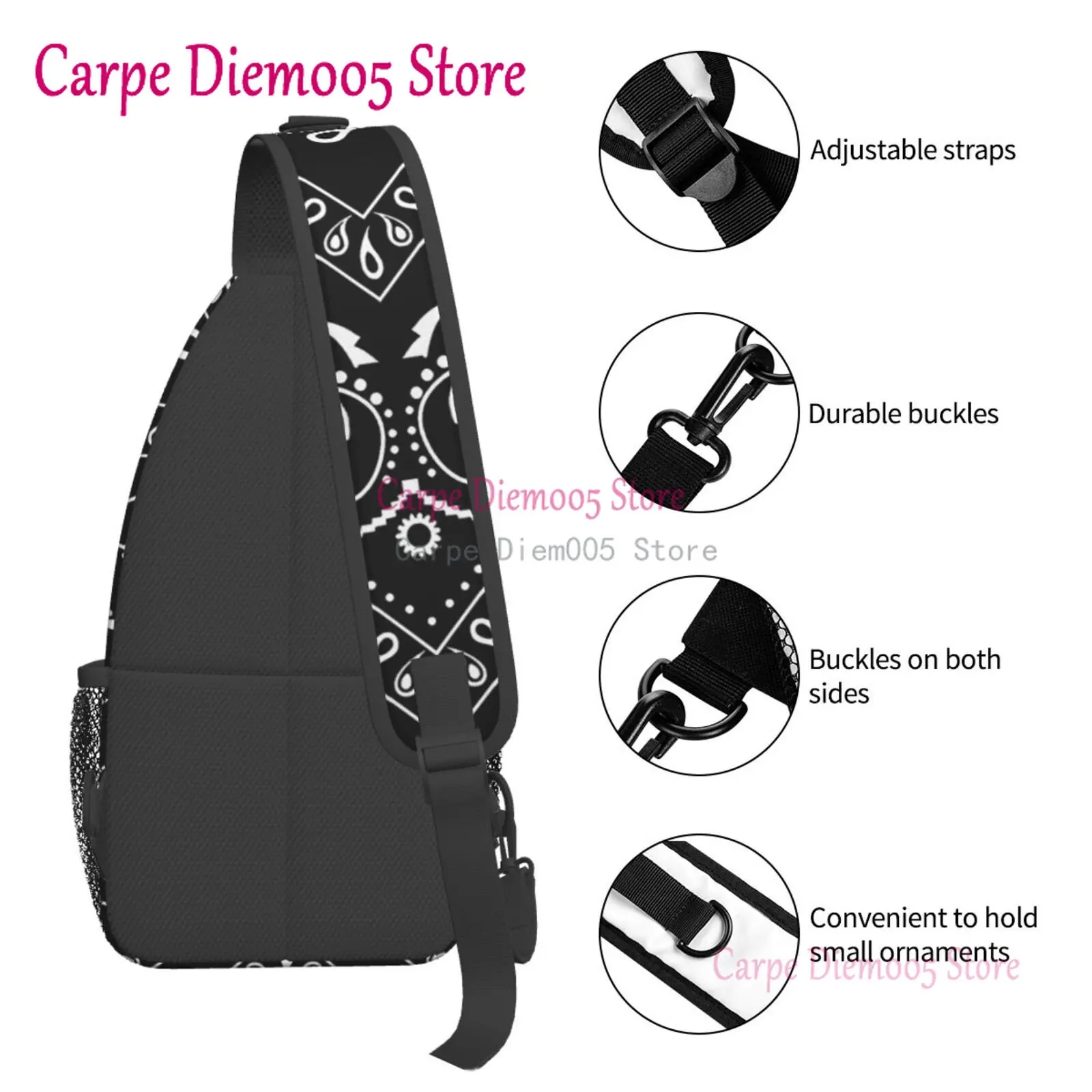 Black And White Paisley Chicano Bandana Sling Crossbody Chest Bag Men Shoulder Backpack for Hiking