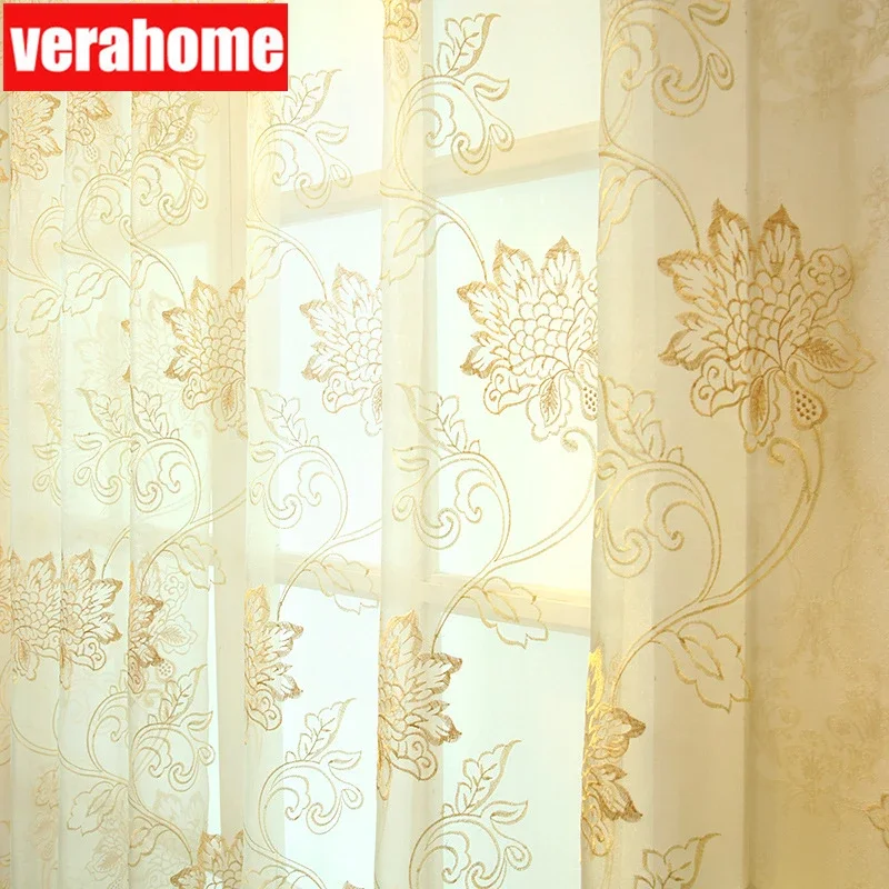 European Luxury Gold Floral Curtains for Bedroom Windows Treatment Window Curtain Living Room Cortinas