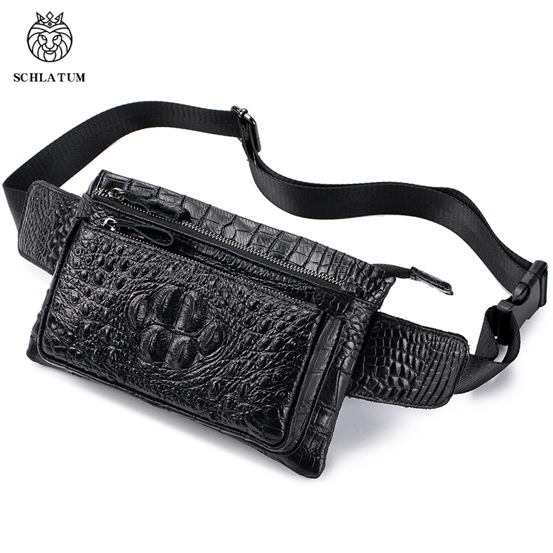 

SCHLATUM Top Layer Cowhide Leather Waist Bag Men's Multi-Functional Travel Crocodile Pattern Chest Bag