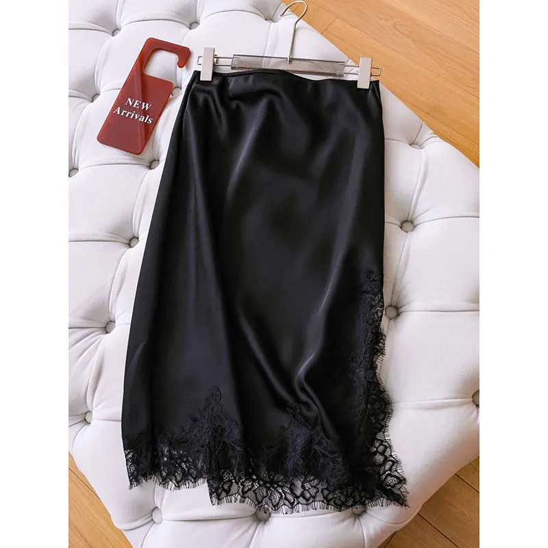 Solid color high waist slim lace stitching side slit satin vertical perceptual elegant fishtail skirt