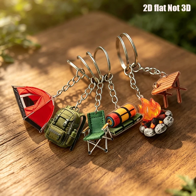 2D Camping Theme Keychain Tent Bonfire Backpack Folding Chair Sleeping Mat Wild Table Keychain Outdoor Enthusiast Bag Pendant