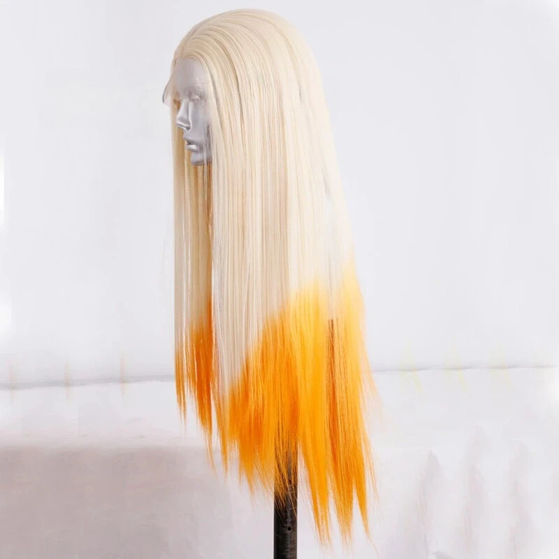 Bone Straight Blonde into Orange Long Ombre Wigs Synthetic Lace front Wig