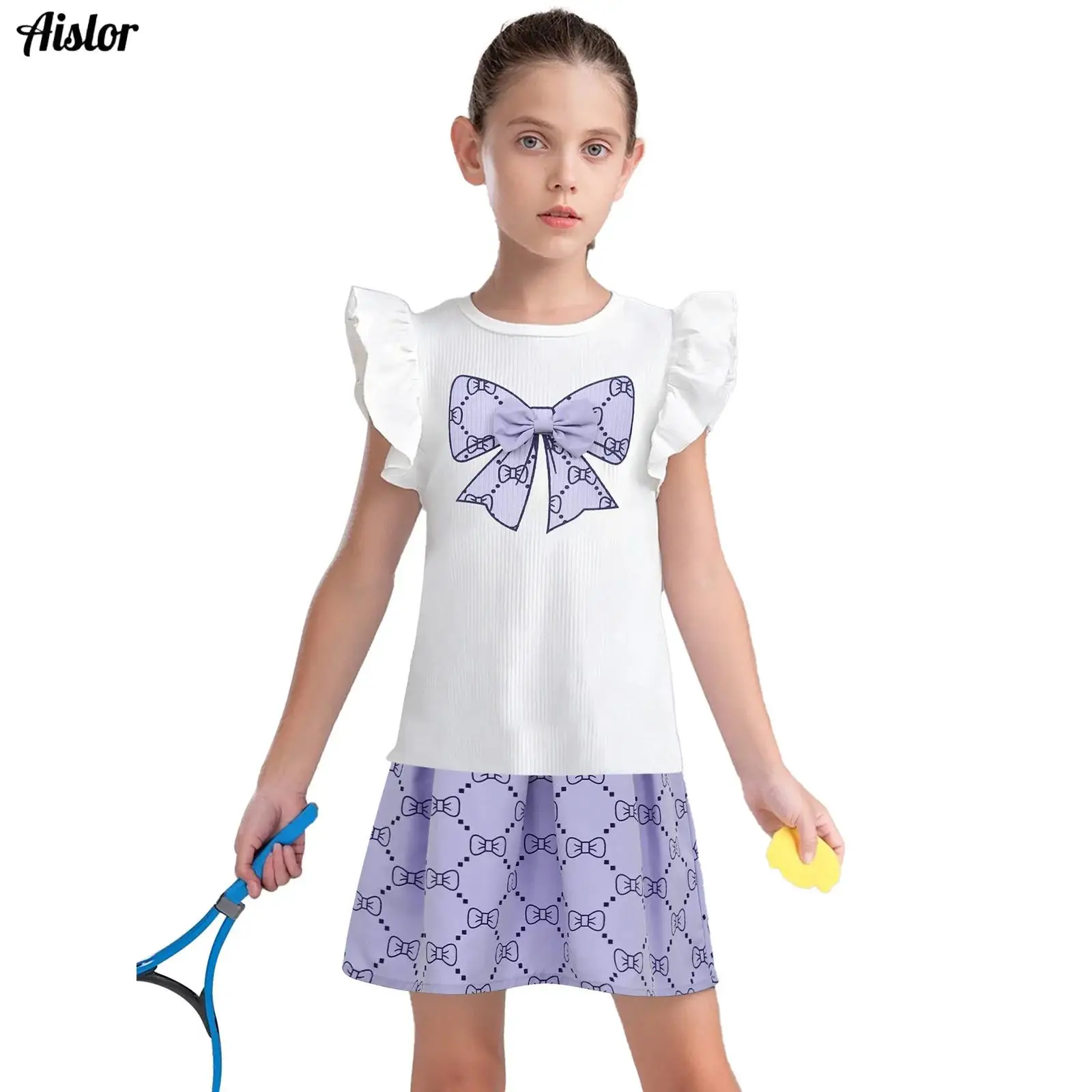 

Summer Kids Girls Cute Bow Print 2pcs Clothing Ruffle Sleeves Ribbed Top with Pleated Skirt Outfit for Vacation Weekend Birthday