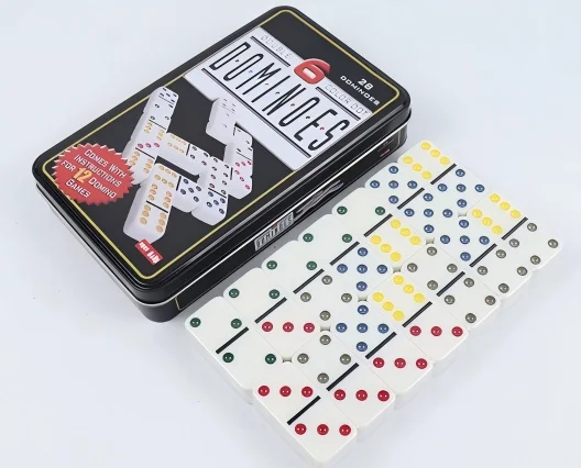 ElegantMahj Double Six Dominoes Set for Adults with Tin Box Storage - 28-Tile Colorful Dot Domino Game for Family, Party Board G