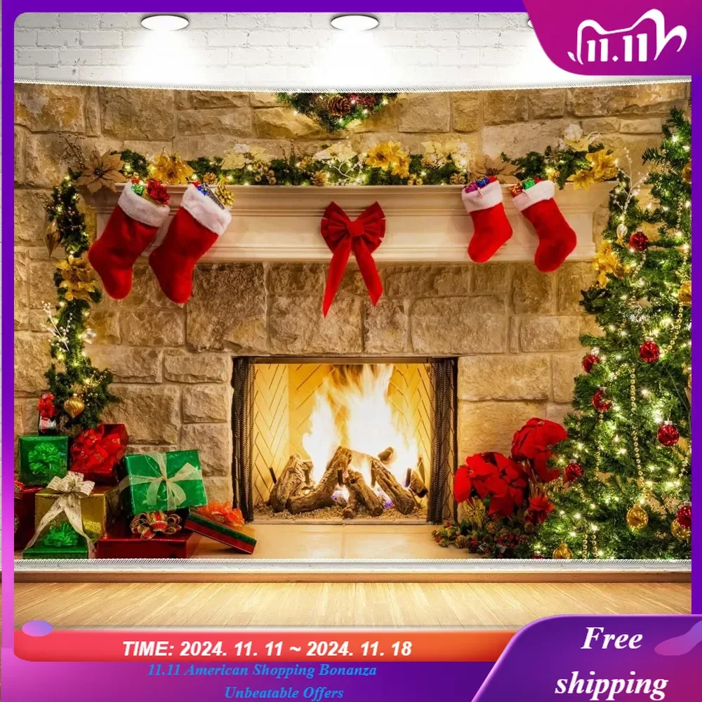 Christmas Fireplace Theme Backdrop for Photography Soft Wrinkle Free Fabric Tree Sock Decorations for Xmas Party Supplies