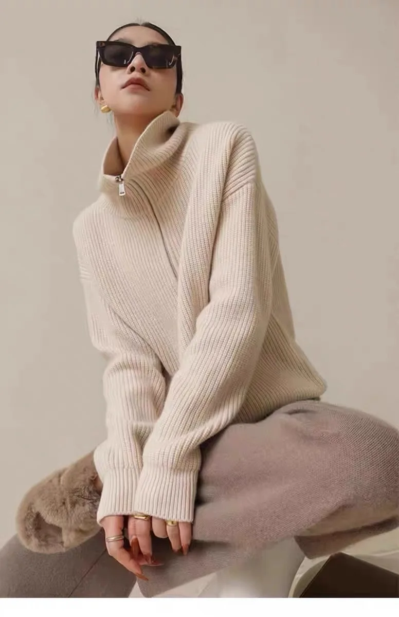 レディース 100% メリノウール セーター カーディガン 秋冬 ゆったりとした厚手の服 スタンドカラー ジッパー アメリカン レトロ トップス