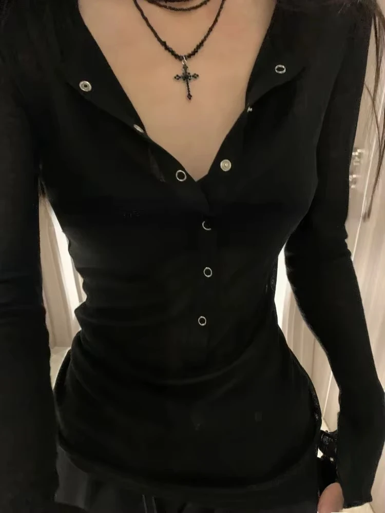 Early Autumn New All-match T-shirt for Women Simple V-neck Single Breasted Y2k Crop Tops Mujer Slim Fit Long Sleeve Tee Shirt image 6