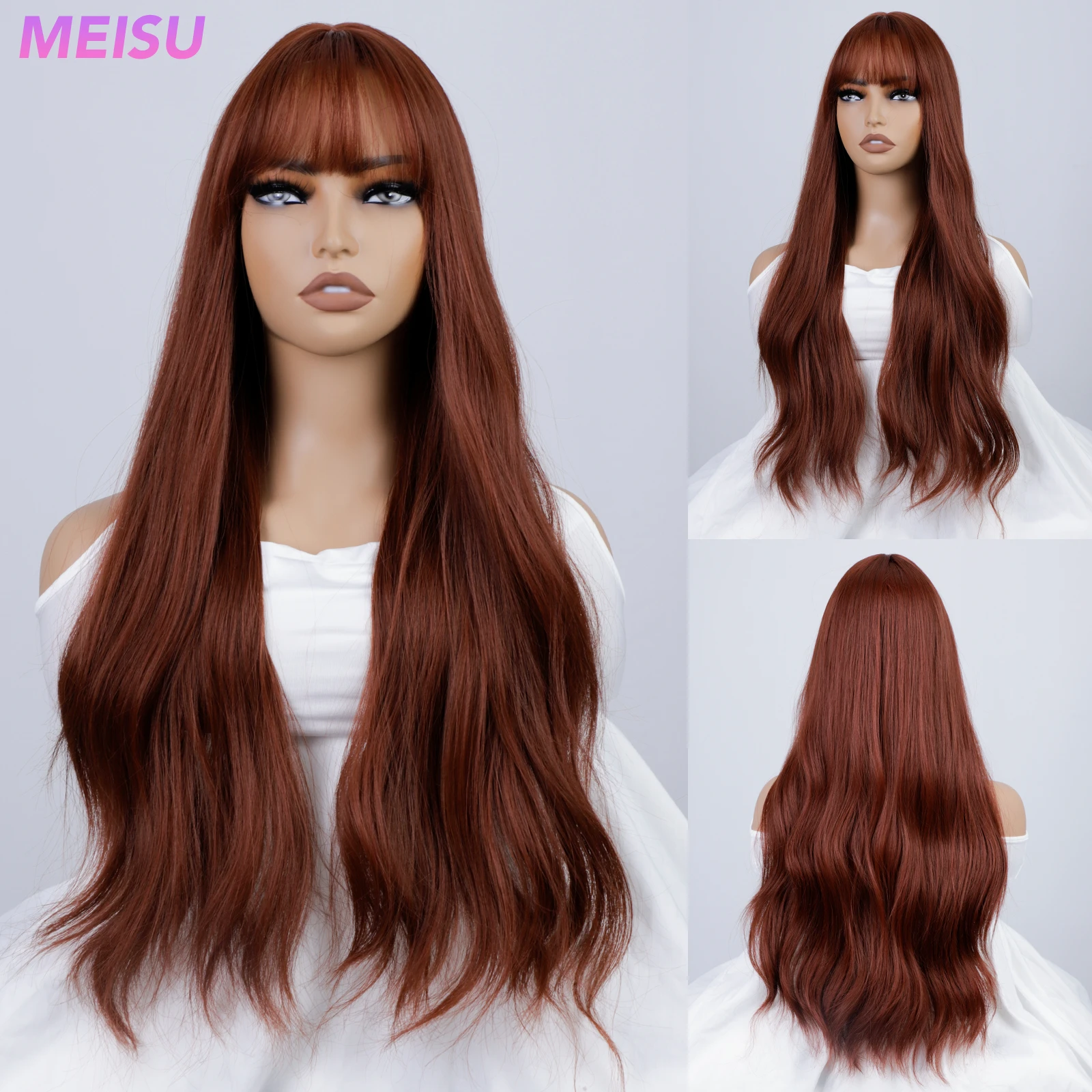 

MEISU Red Brown Curly Wave Wigs Air Bangs 24 Inch Fiber Synthetic Heat-resistant Deep Wave Hair Natural Party or Selfie