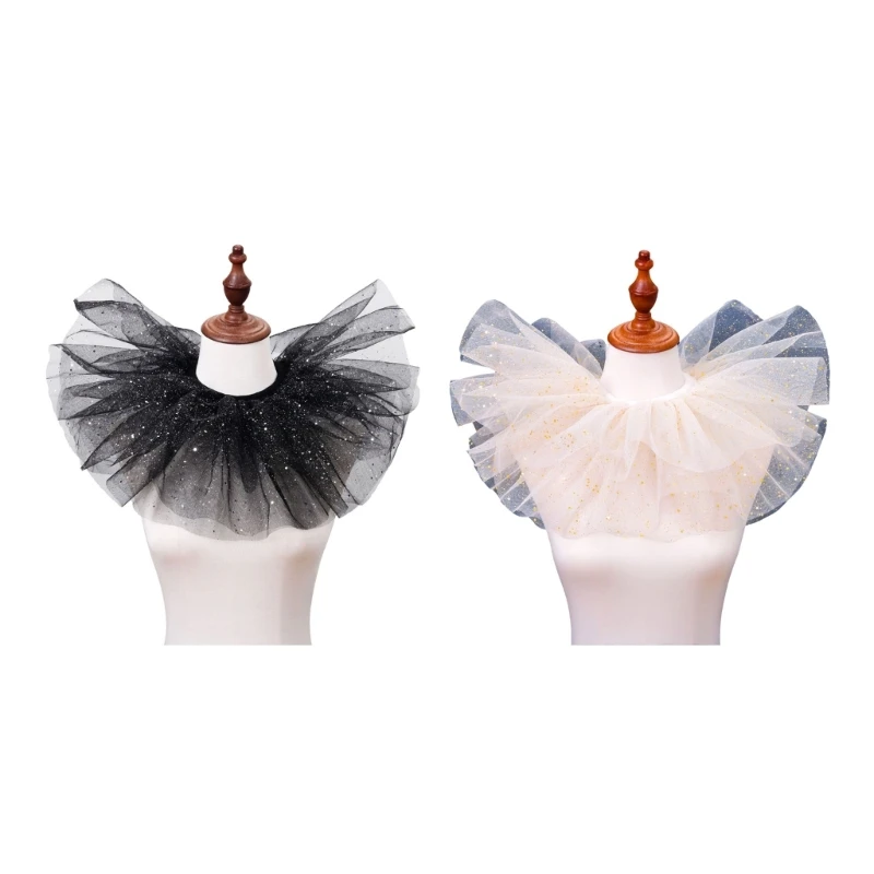 Women Layered Tulle Shining Dots Neck Ruff Mesh Faux Collar for Costume Parties D5QB