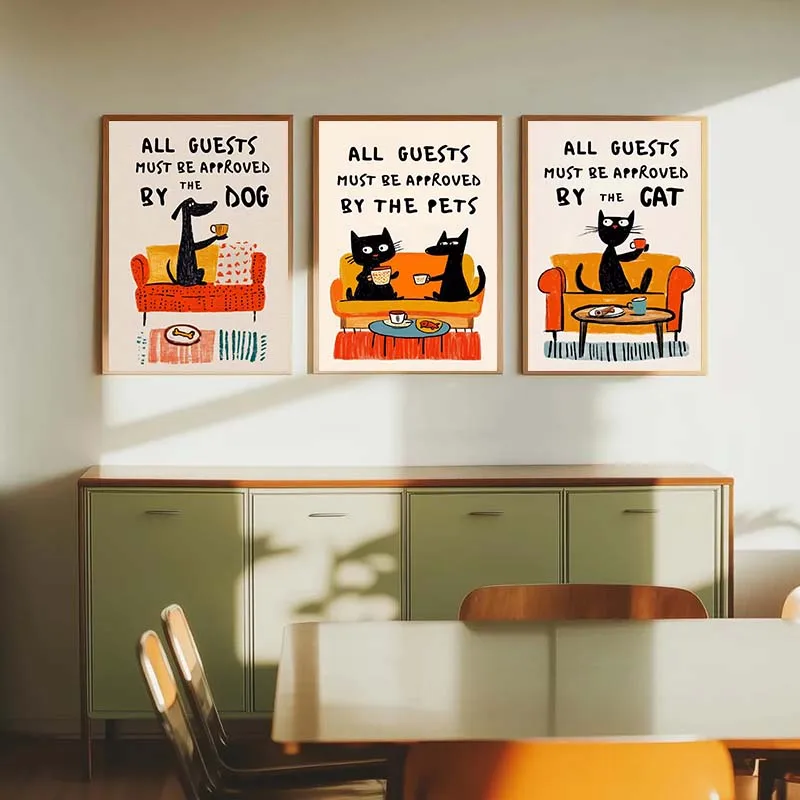 1 Stück rahmenloses Leinwandbild Alle Gäste müssen von der Katze genehmigt werden, wenn sie Hunde lieben Lustiges Katzen- und Hundeliebhaber-Poster Leinwandbild Wandbild