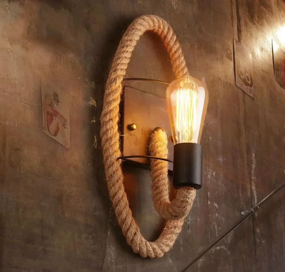 

American Retro Round Rope Hemp Rope Edison Bulb Wall Light Aisle Balcony Stairs Bar Coffee Shop Iron Wall Lamp