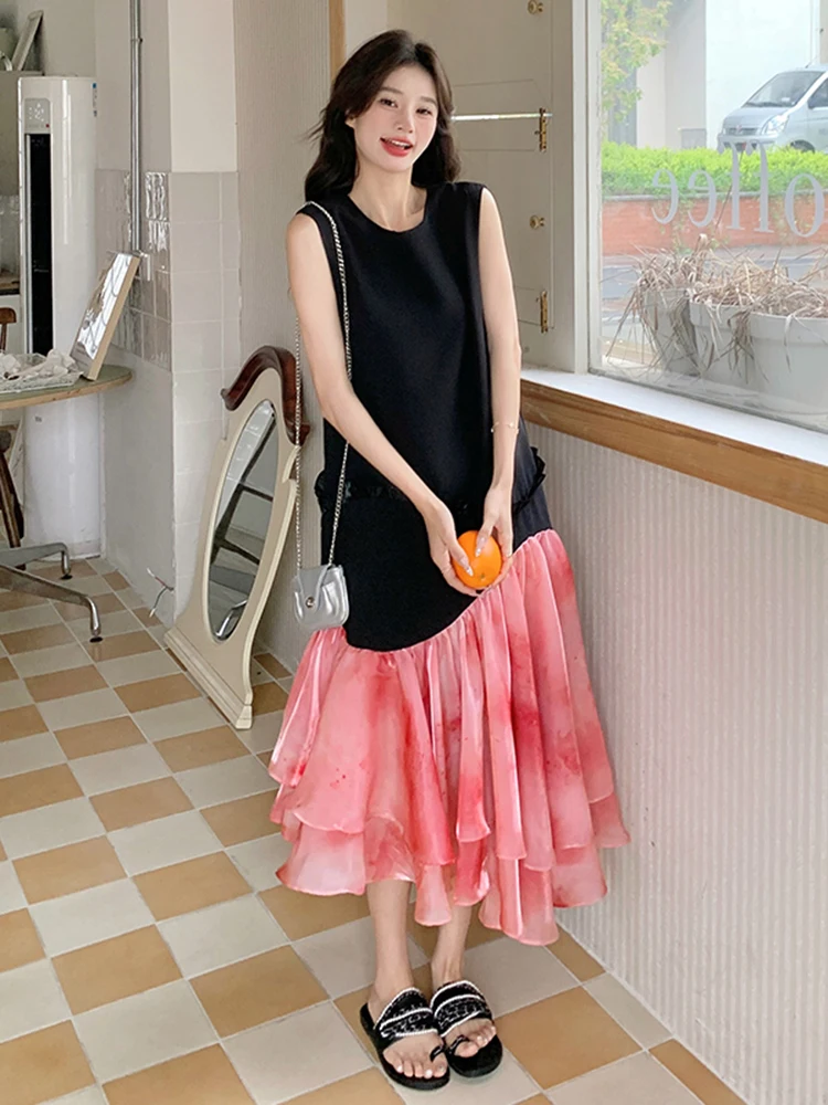 LANMREM Designer Patchwork Long Dress For Women Sleeveless Mesh Stitching Female Summer Chic Clothing Korean Style 2DA8052