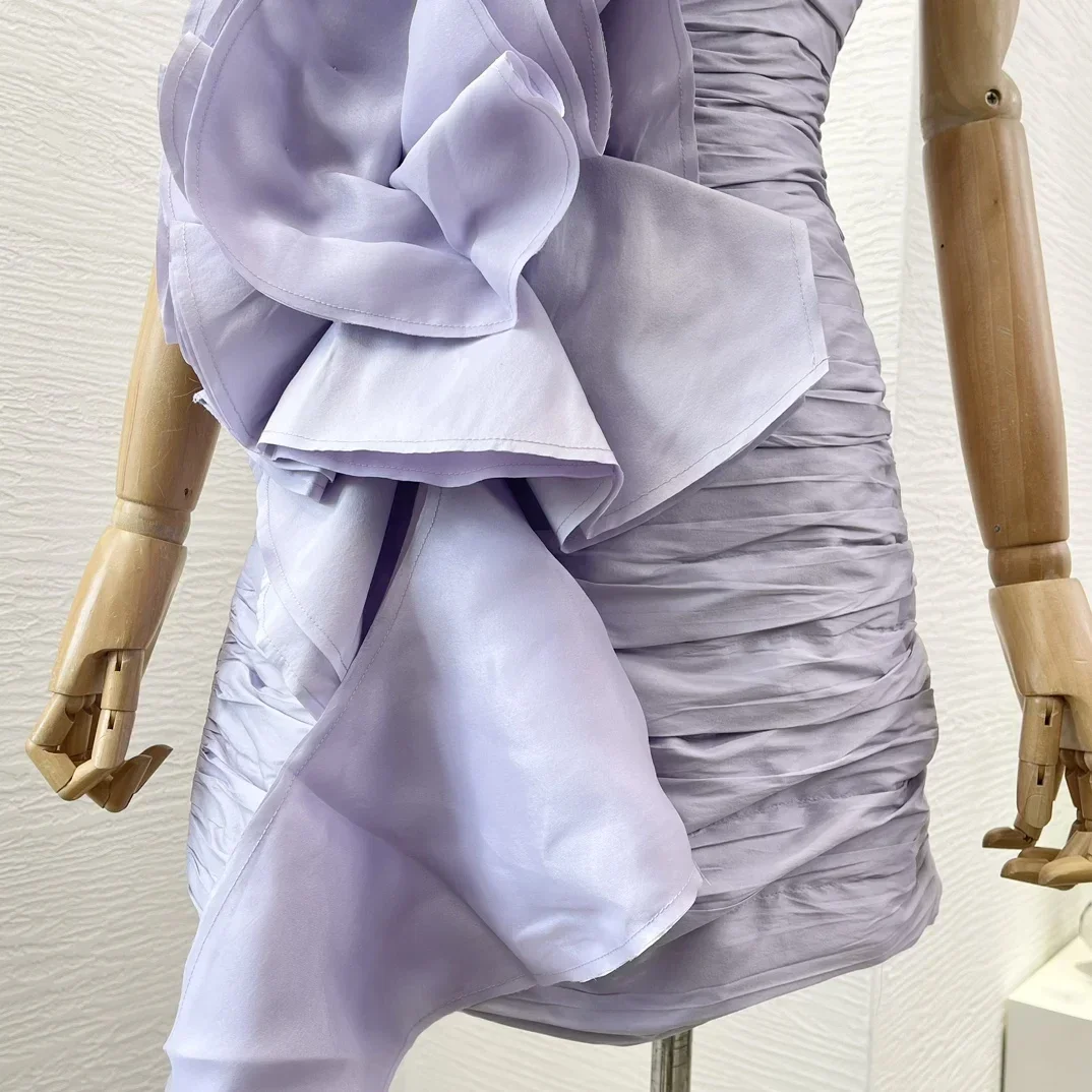 Top Quality 2025 New Arrivals Elegant Woman Sling Mini Dress Violet Purple Backless Flowers Appliqued Folds Summer Dresses