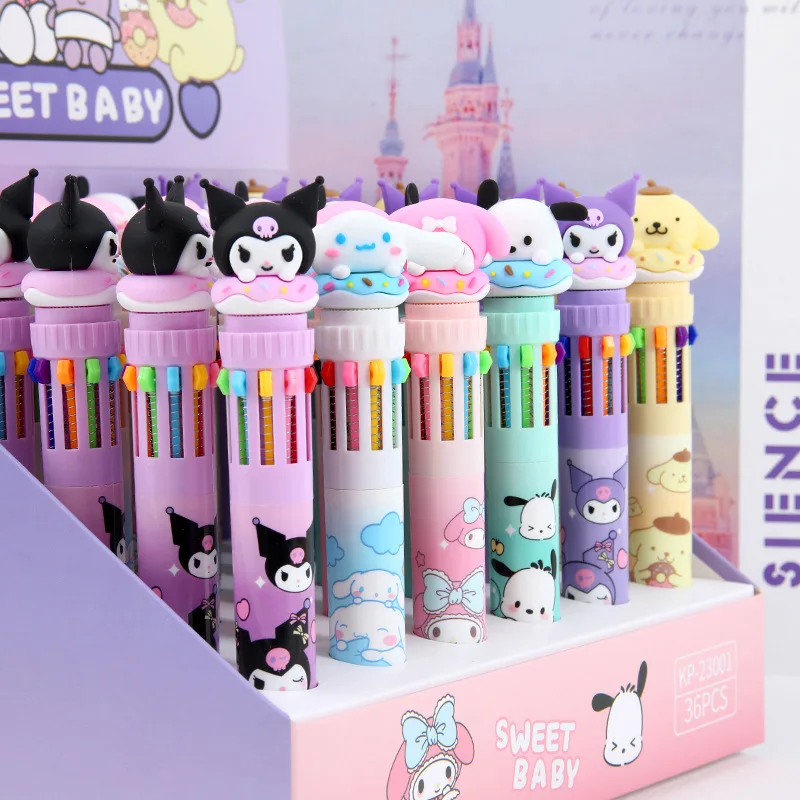 MINISO Sanrio 10 Color Ballpoint Pen Cinnamoroll Kuromi Kawaii Stationery Pen Novel Cute Student Writing Gel Pen Office Supplies