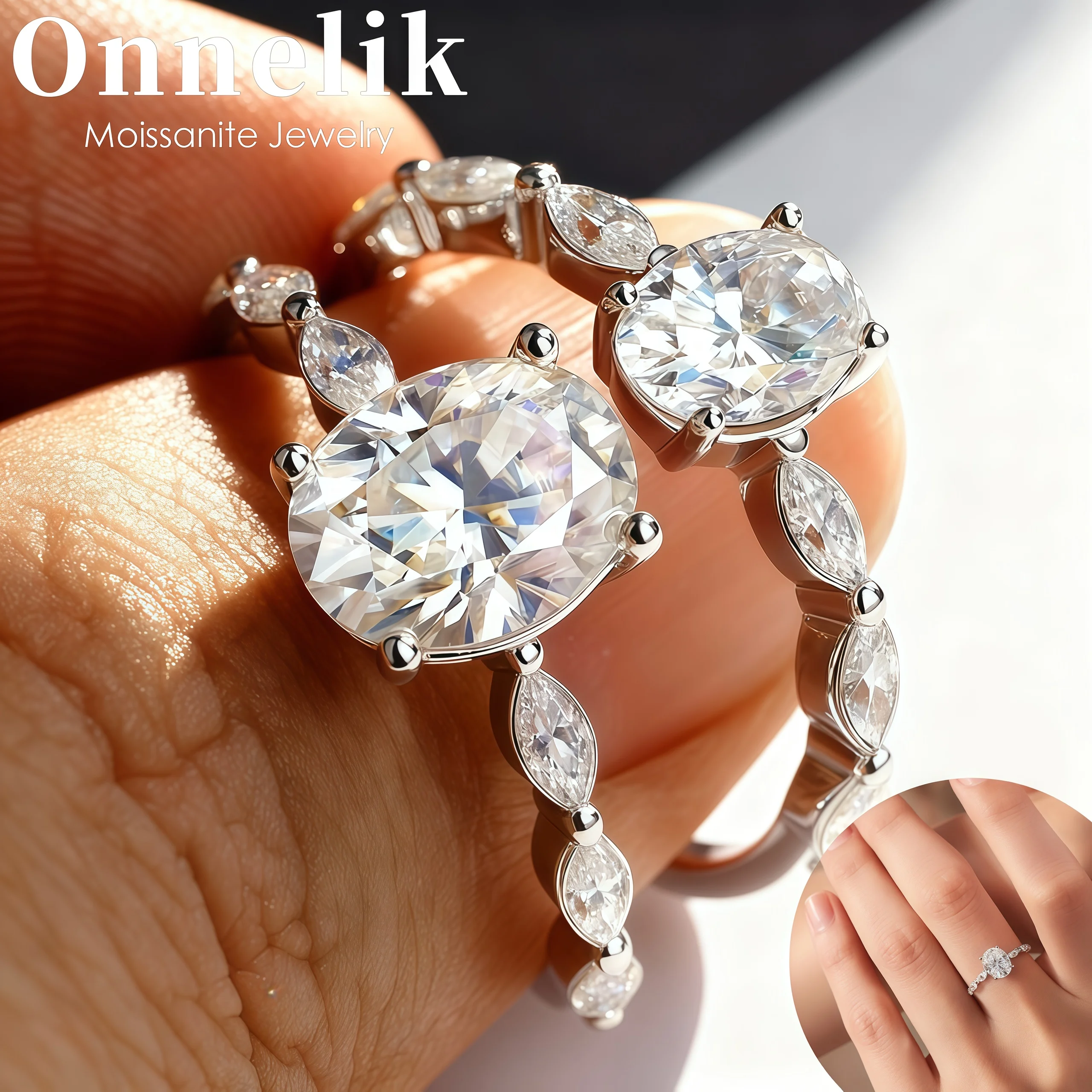 

Onnelik 1ct 2ct Oval Cut Full Moissanite Rings D Color S925 Sterling Silver Lab Diamond Ring for Women Wedding Anniversary Party