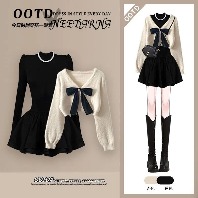 Autumn Winter 2025 New Women's French Style Age-reducing Bow Sweater Dress Two-piece Set