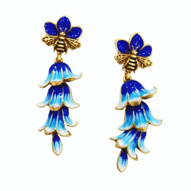 New Medieval Style Vintage Enamel Blue and White Gradient Wind Chime Flower Pendant Bee Earrings Fashionable Women's Earrings