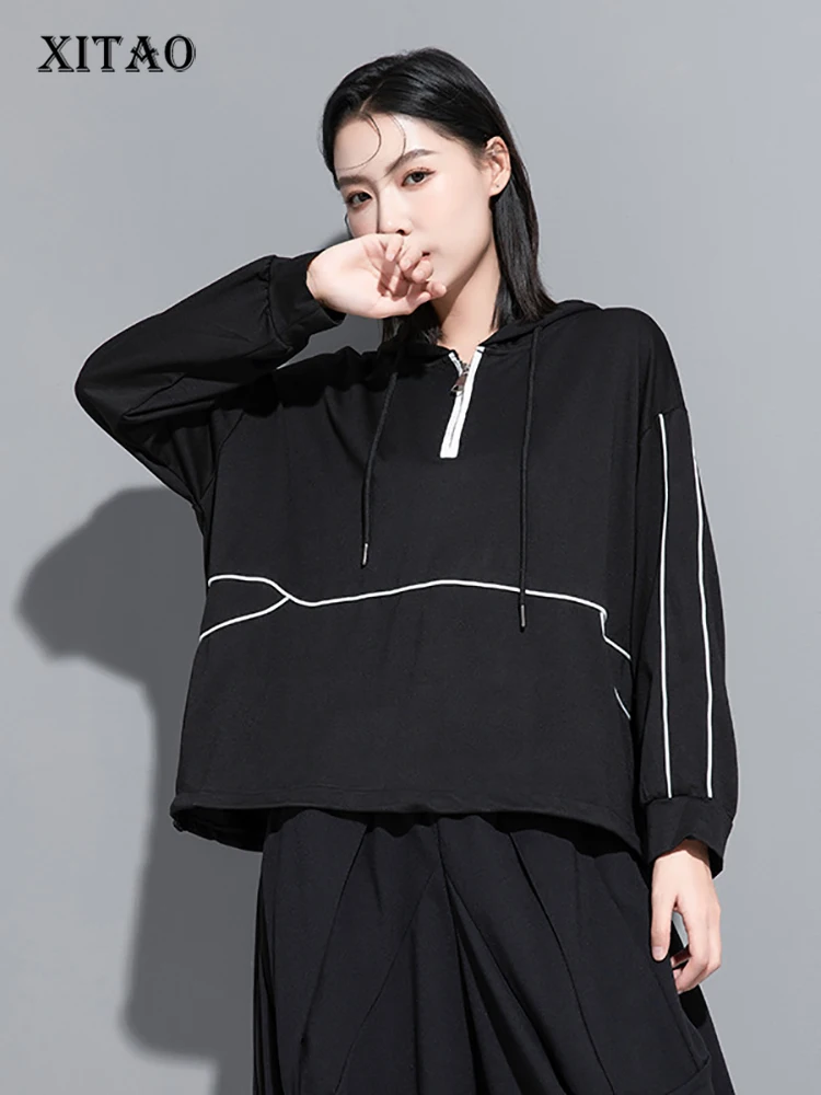 

XITAO Hooded Loose Solid Sweatshirt Zipper Pullover Full Sleeve Personality Simplicity Spring Fashion Women New Top LYD1721