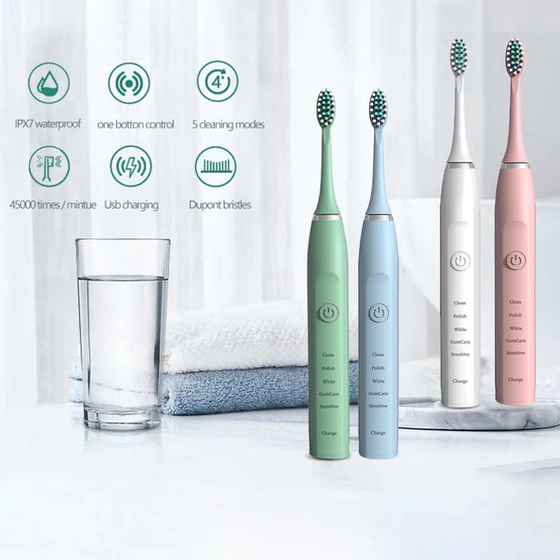 Adults Sonic Electric Toothbrush for Timer Teeth Ultrasonic Automatic Vibrator Whitening IPX7 Waterproof 4 Brush Head USB Type