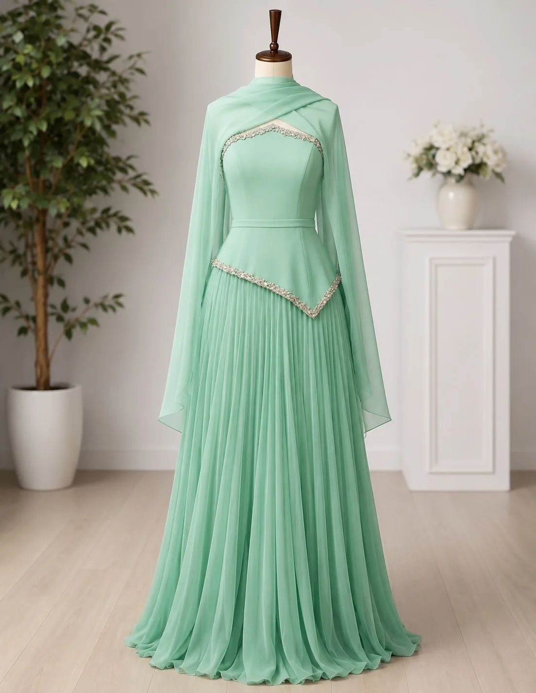 Mint Green Two Piece Modest Evening Set High Mock Neck Integrated Flowing Cape Sleeves Chest & Hem Crystal Rhinestone Border Tri